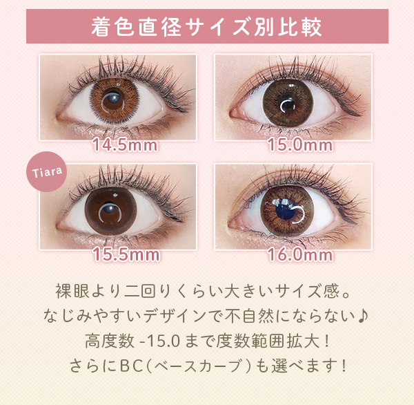 着色直径サイズ別比較　裸眼より二回りくらい大きいサイズ感。なじみやすいデザインで不自然にならない♪
          高度数-15.0まで度数範囲拡大！さらにBC（ベースカーブ）も選べます！