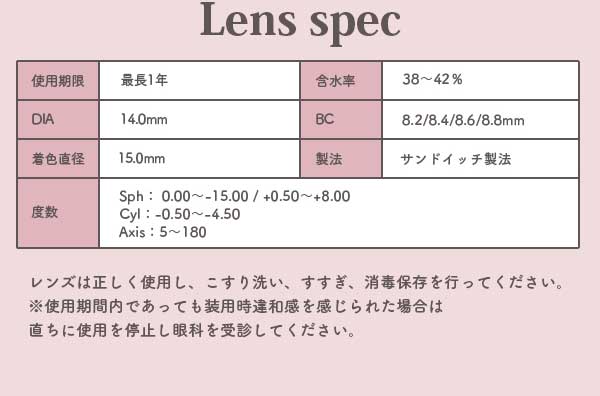 レンズスペック　レンズは正しく使用し、こすり洗い、すすぎ、消毒保存を行ってください。※使用期間内であっても装用時違和感を感じられた場合は直ちに使用を停止し眼科を受診してください。